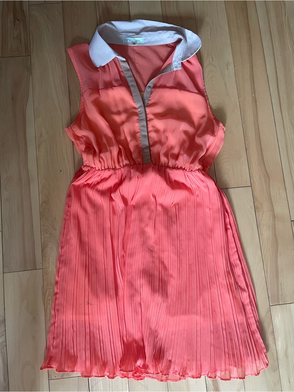 Alythea Coral Pleated Midi Dress with White Collar
